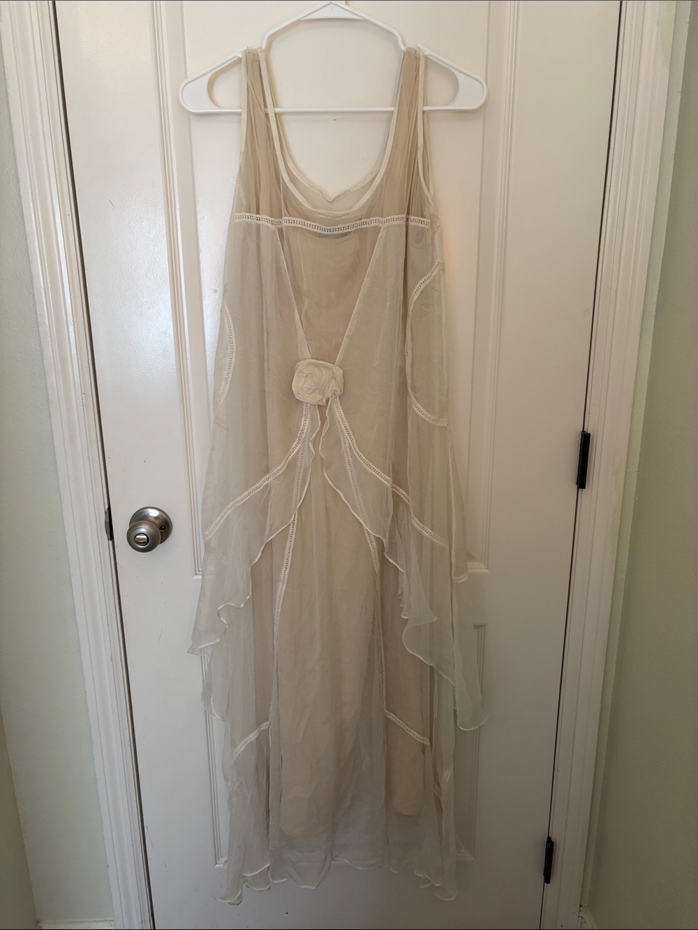 Nataya  Great Gatsby Cream Layered Chiffon Maxi Dress with Floral Rosette